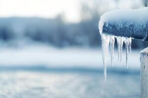 Frozen faucet with icicles at sunset in a winter landscape photo