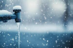 Frozen faucet with icicles at sunset in a winter landscape photo
