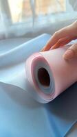 Hand unrolling pastel colored craft paper on a wooden surface during a creative project photo