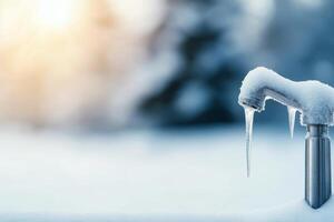 Frozen faucet with icicles at sunset in a winter landscape photo