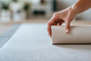 Hand unrolling pink craft paper on a table in bright, natural light photo