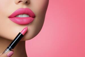 Enhancing lips with cosmetic procedure and vibrant pink background during daylight hours photo