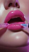 Procedure for cosmetic lip enhancement with syringe at beauty clinic photo