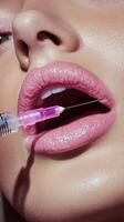 Procedure for cosmetic lip enhancement with syringe at beauty clinic photo