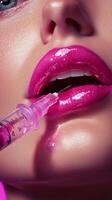 Procedure for cosmetic lip enhancement with syringe at beauty clinic photo