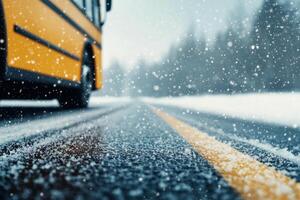 Bus navigating a snowy road during winter weather in a quiet landscape photo