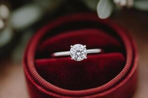Beautiful diamond engagement ring in a velvet box with elegant background details photo