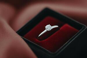 Beautiful diamond engagement ring in a velvet box with elegant background details photo