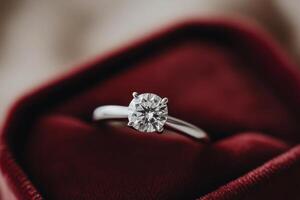 Beautiful diamond engagement ring in a velvet box with elegant background details photo