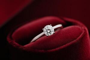 Beautiful diamond engagement ring in a velvet box with elegant background details photo