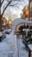 Winter scene features frozen faucet with icicles in urban neighborhood photo