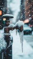 Winter scene features frozen faucet with icicles in urban neighborhood photo