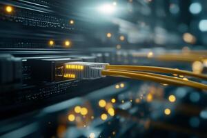 Close up of network cables connected to server with glowing lights in a data center environment photo