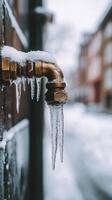 Winter scene features frozen faucet with icicles in urban neighborhood photo