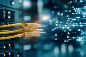 Close up of network cables connected to server with glowing lights in a data center environment photo