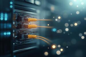 Close up of network cables connected to server with glowing lights in a data center environment photo