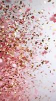 Colorful confetti made of pink petals and gold flakes falling gracefully from above photo