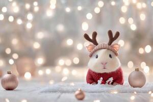 Cute guinea pig wearing reindeer antlers and a sweater in festive holiday setting photo