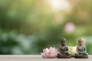 Two serene Buddha statues beside lotus flowers in a tranquil garden setting photo