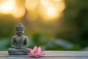 Two serene Buddha statues beside lotus flowers in a tranquil garden setting photo