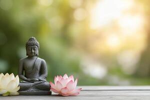 Two serene Buddha statues beside lotus flowers in a tranquil garden setting photo