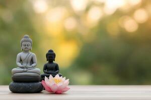 Two serene Buddha statues beside lotus flowers in a tranquil garden setting photo