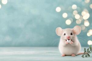 Cute plush mouse toy sitting happily on a soft blue background surrounded by sparkles photo