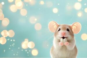 Cute plush mouse toy sitting happily on a soft blue background surrounded by sparkles photo