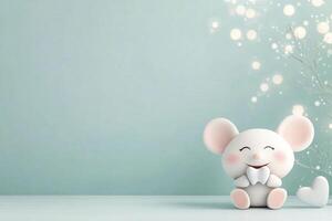 Cute plush mouse toy sitting happily on a soft blue background surrounded by sparkles photo