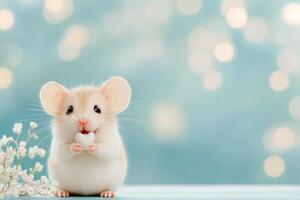 Cute plush mouse toy sitting happily on a soft blue background surrounded by sparkles photo