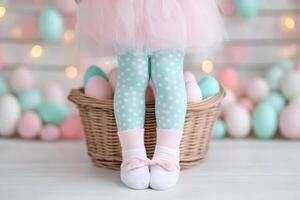 Cute little ballerina stands near a basket filled with pastel colored Easter eggs photo