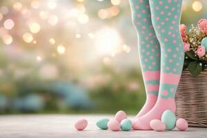 Cute little ballerina stands near a basket filled with pastel colored Easter eggs photo