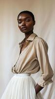 Elegant model showcases fashion with neutral tones in studio setting photo