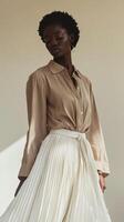 Elegant model showcases fashion with neutral tones in studio setting photo