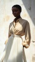 Elegant model showcases fashion with neutral tones in studio setting photo