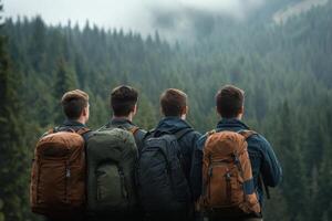 Group of hikers observing a majestic mountain landscape in the wilderness photo