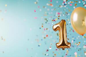 Celebration of a first birthday with golden number balloon and confetti in vibrant colors photo