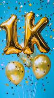 Celebration with golden balloons marking achievement of 1K on a festive backdrop photo