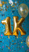 Celebration with golden balloons marking achievement of 1K on a festive backdrop photo