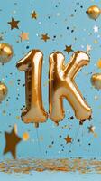 Celebration with golden balloons marking achievement of 1K on a festive backdrop photo