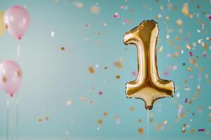 Celebration of a first birthday with golden number balloon and confetti in vibrant colors photo
