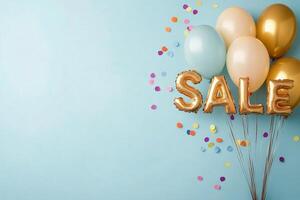 Colorful balloons and glittering confetti set the stage for a lively promotional sale announcement photo