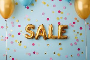 Colorful balloons and glittering confetti set the stage for a lively promotional sale announcement photo
