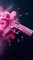 Pink explosion from a gun creating vibrant splashes in a dark setting photo