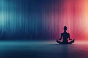 Meditating figure silhouetted against colorful lighting in a serene environment photo