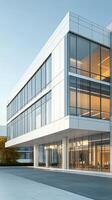 Modern commercial building with large glass windows in a bright morning setting photo