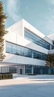 Modern commercial building with large glass windows in a bright morning setting photo