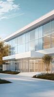 Modern commercial building with large glass windows in a bright morning setting photo