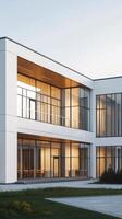 Modern commercial building with large glass windows in a bright morning setting photo