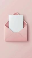Soft pink envelope with blank card surrounded by decorative pink petals on a pastel surface photo